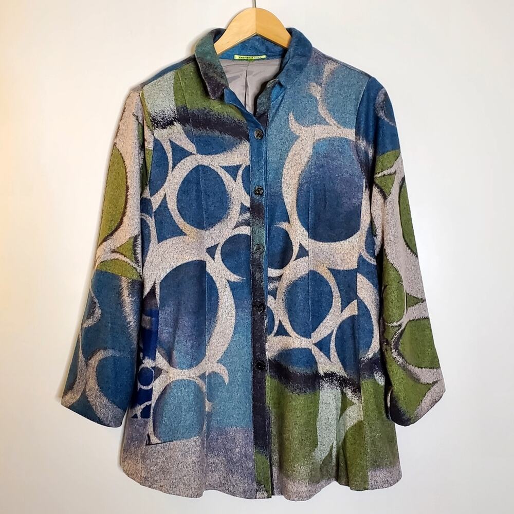 Trisha Tyler blue/green and grey button up lightweight blazer jacket Size Large